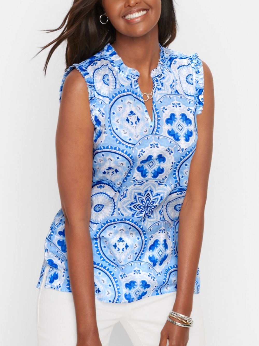 Talbots Layered Medallion Ruffle Trim Tank Top Women’s Size 1X Cotton Blue